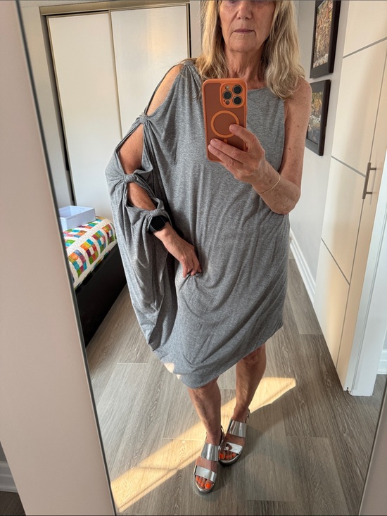 Max Azria Dresses & Skirts - Gray Cold-Shoulder Asymmetrical Draped Dress